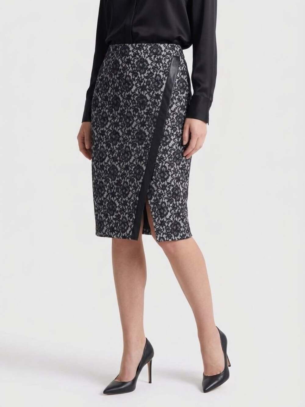DKNY Lace Pencil Skirt Size M Black White Floral Faux Leather Trim